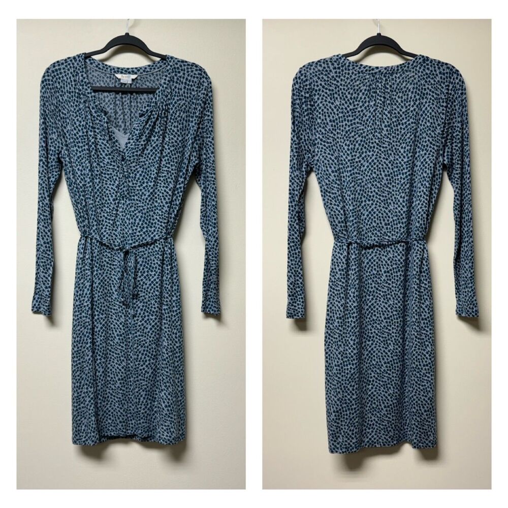 BODEN Two Piece Blue Clover Print Midi Dress Full Slip V-Neck Waist Tie, Sz 10R
